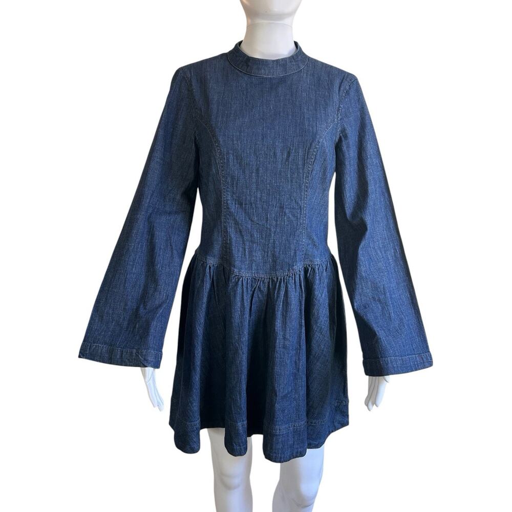 NWT Anthropologie Porridge Denim Open Back Drop Waist Mini Dress Size S